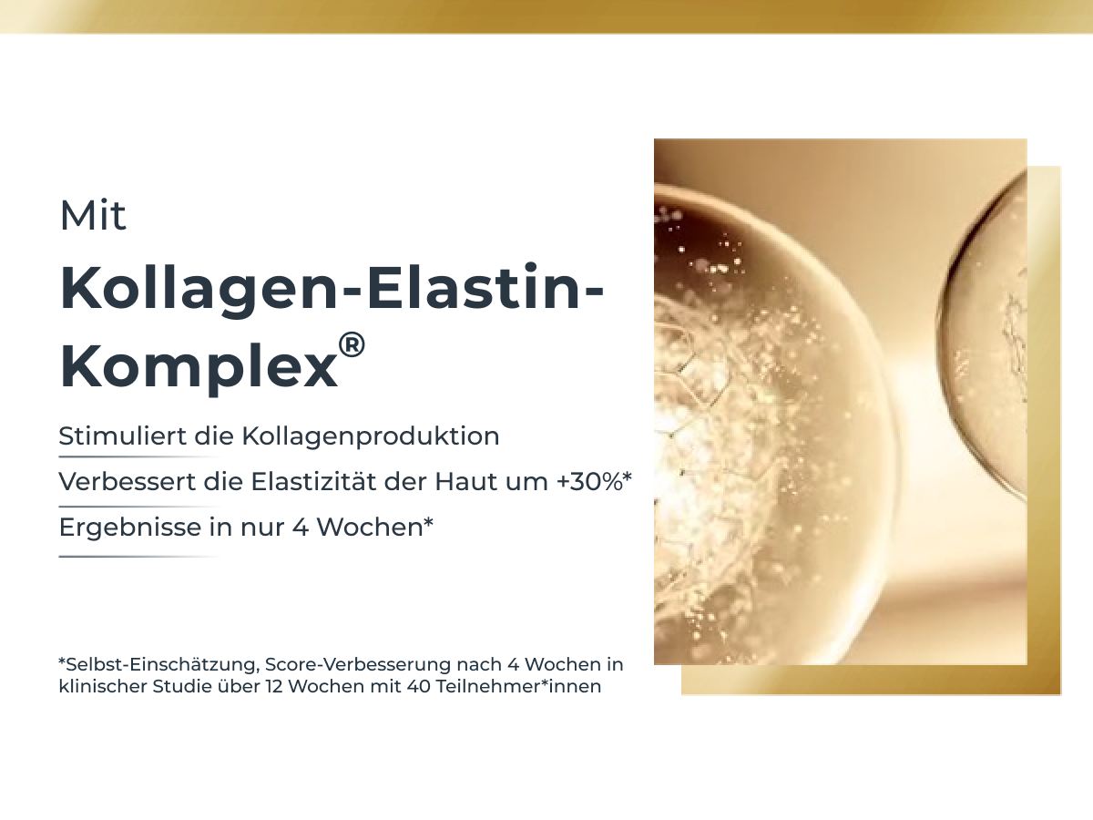 Nahaufnahme von zwei runden Objekten. Text: Kollagen-Elastin-Komplex® stimuliert die Kollagenproduktion.